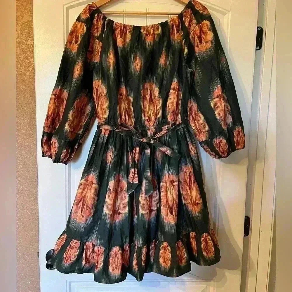 A Loves A Hunter Green Orange Floral All Cotton Dress 3/4 Sleeve size Large - Picture 2 of 7